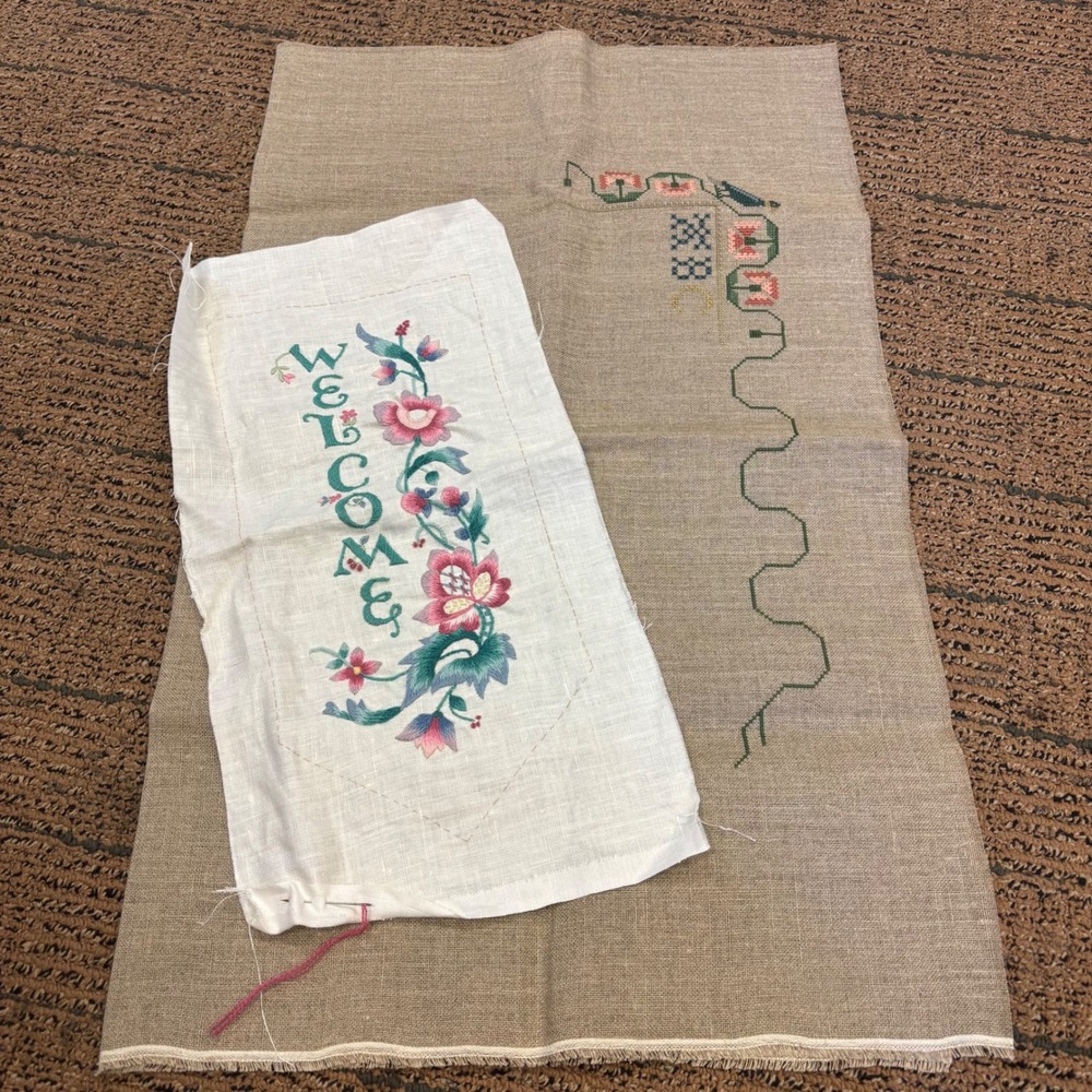 Vintage Hand Embroidered Cross Stitch Welcome Floral Bird Sampler Panels 2pc Set